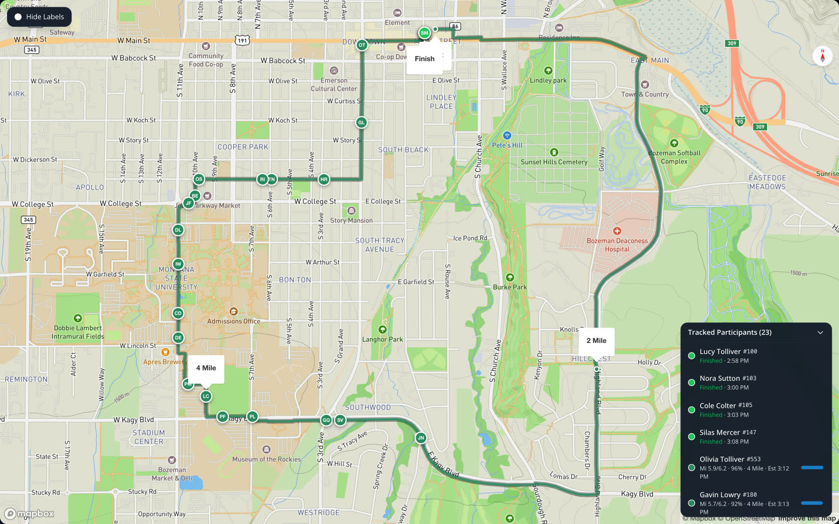 Live map: Every runner moves along the course in real time, estimated from their splits and pace.