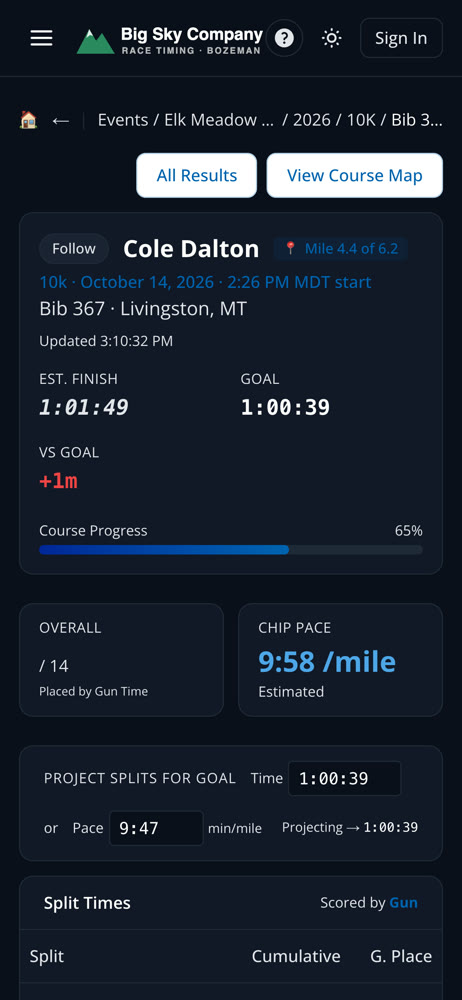 A runner's live page on a phone